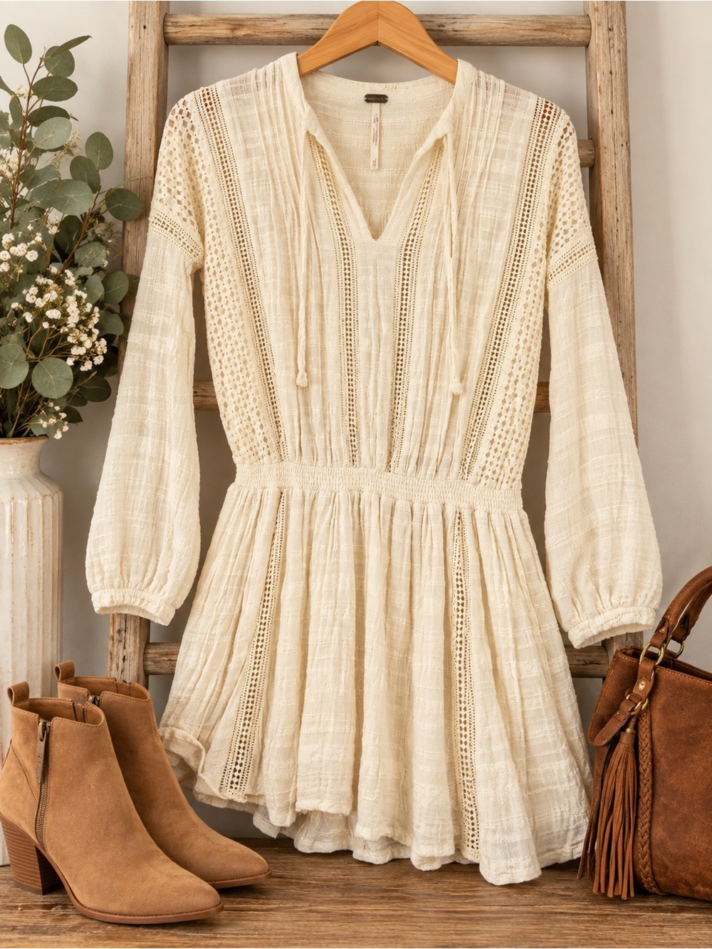 Free People Cream Crochet-Trim Mini Dress